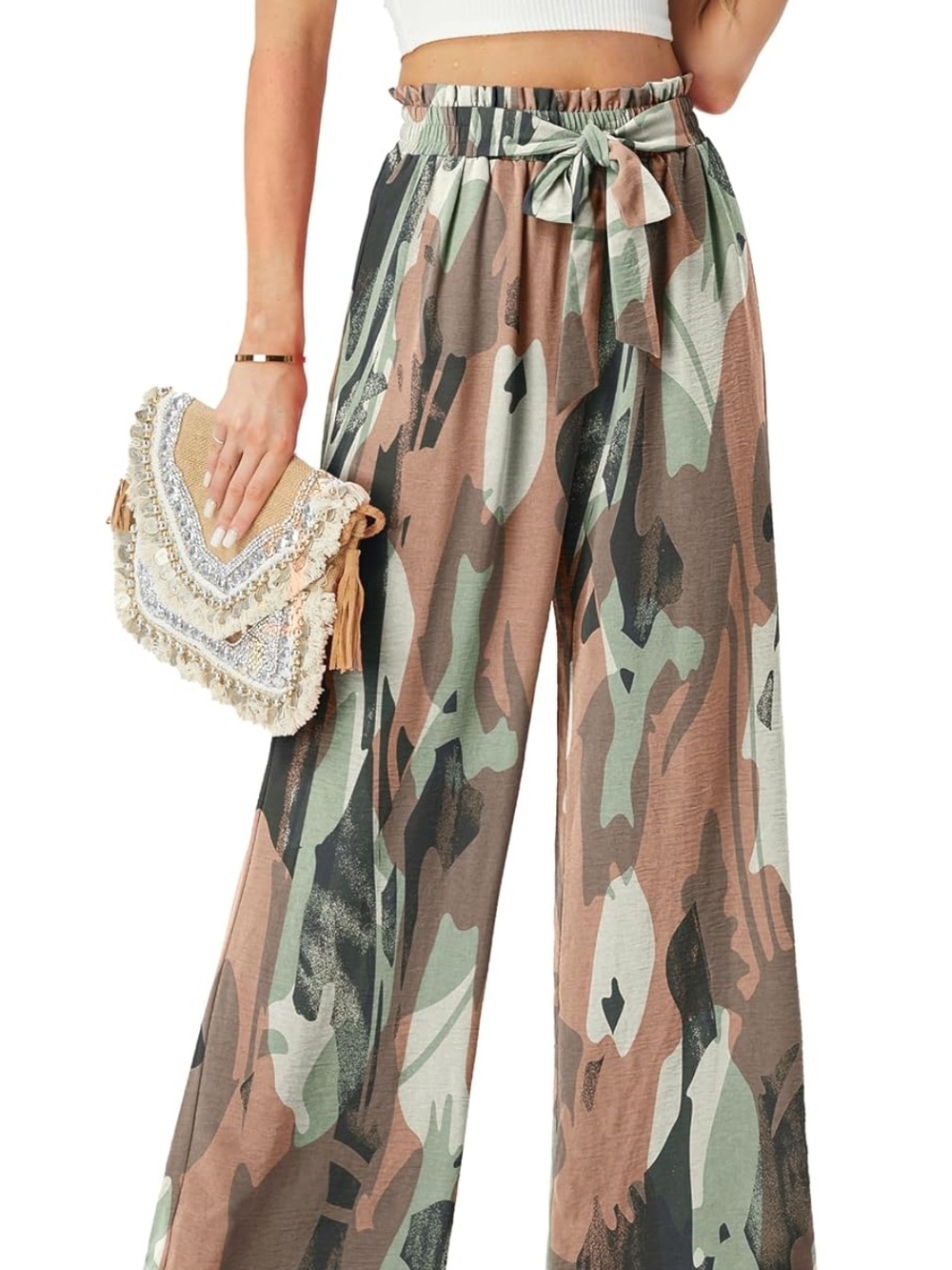 Wide Leg Camouflage Paperbag Waist Pants - Green/Brown